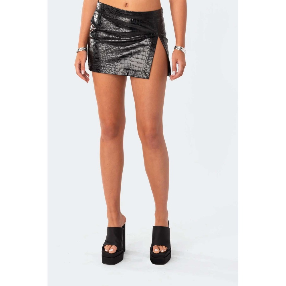 EDIKTED‎ Lana Black Faux Croc Embossed Leather Slit Sexy Micro Mini Skirt S Y2K